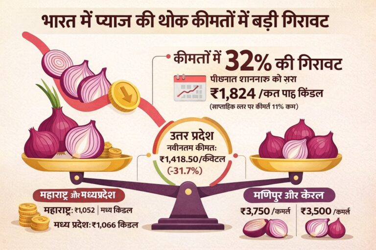 भारत में प्याज की कीमतों में 32% गिरावट | फरवरी 2026 थोक मंडी भाव | Onion Price गिरा